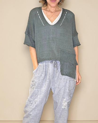 Forest Pure Cotton Crochet V-Neck Knit