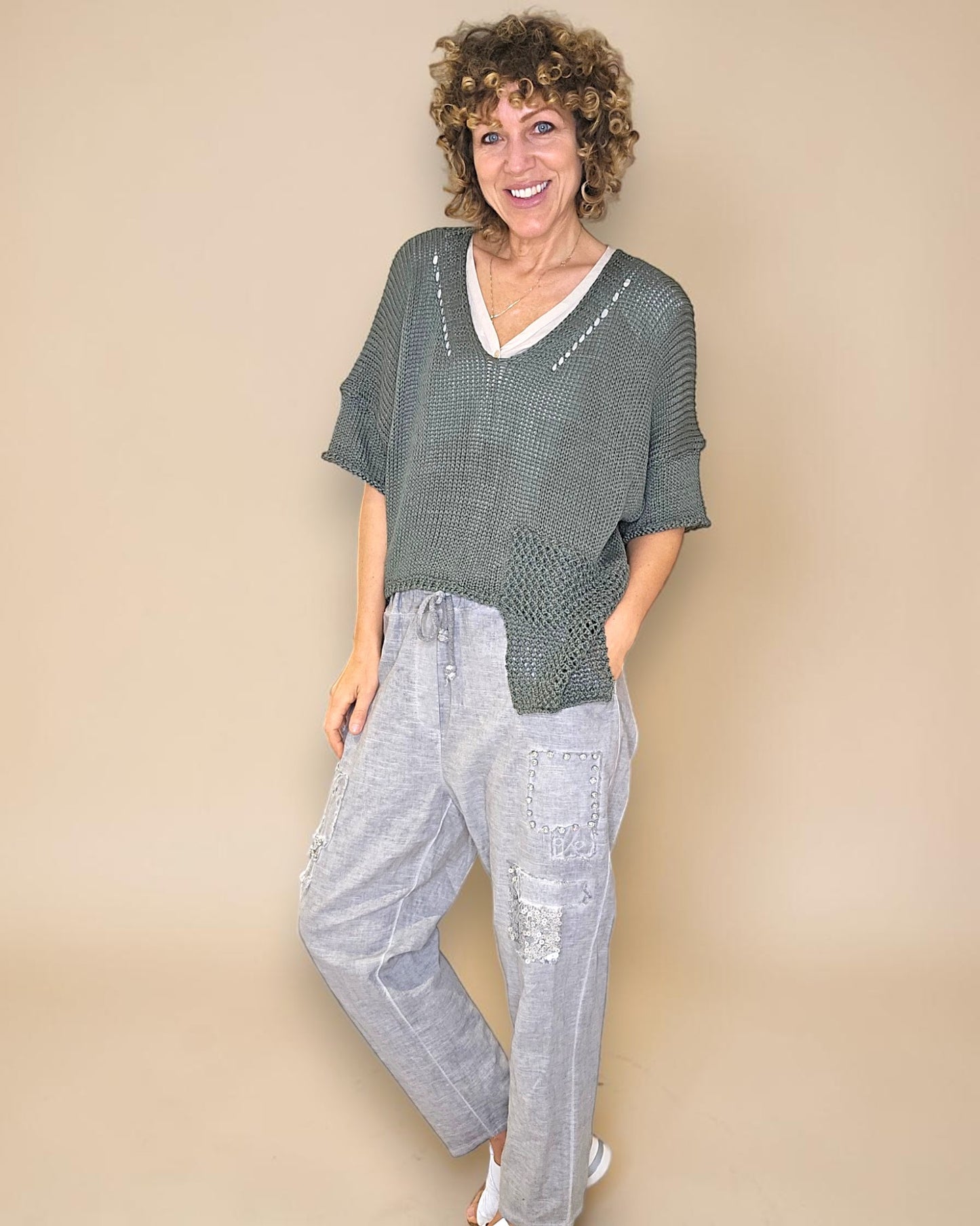 Forest Pure Cotton Crochet V-Neck Knit