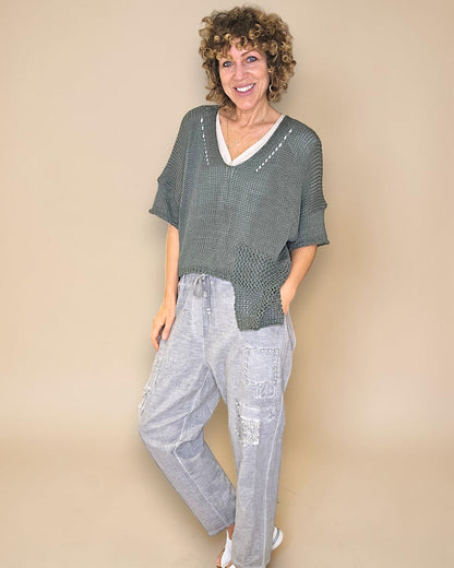 Forest Pure Cotton Crochet V-Neck Knit