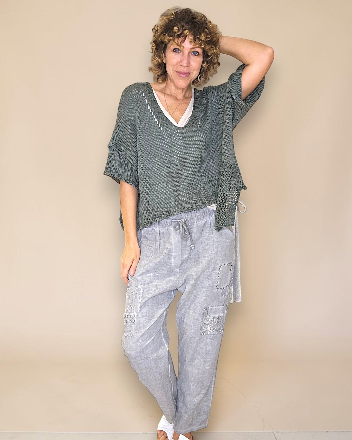 Forest Pure Cotton Crochet V-Neck Knit