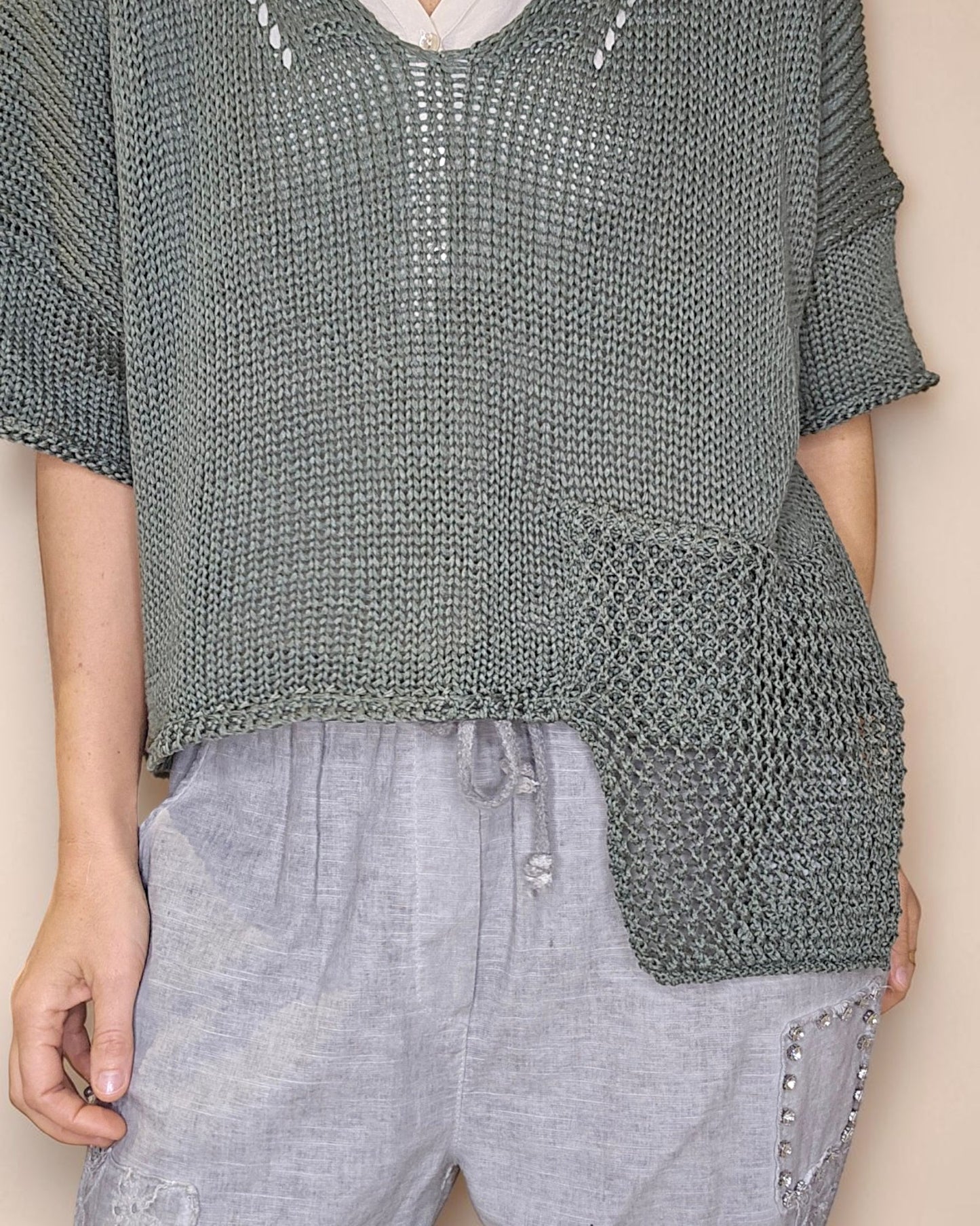 Forest Pure Cotton Crochet V-Neck Knit