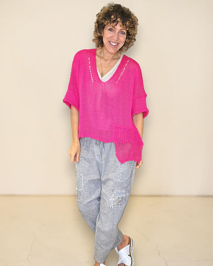 Fluoro Pink Pure Cotton Crochet V-Neck Knit