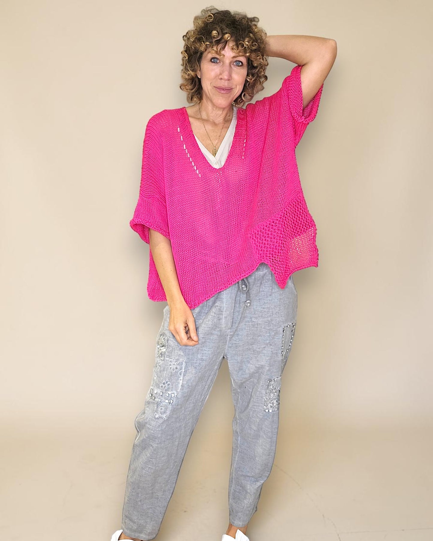 Fluoro Pink Pure Cotton Crochet V-Neck Knit