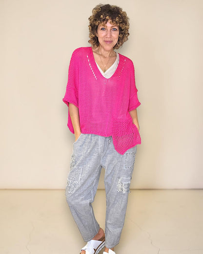 Fluoro Pink Pure Cotton Crochet V-Neck Knit