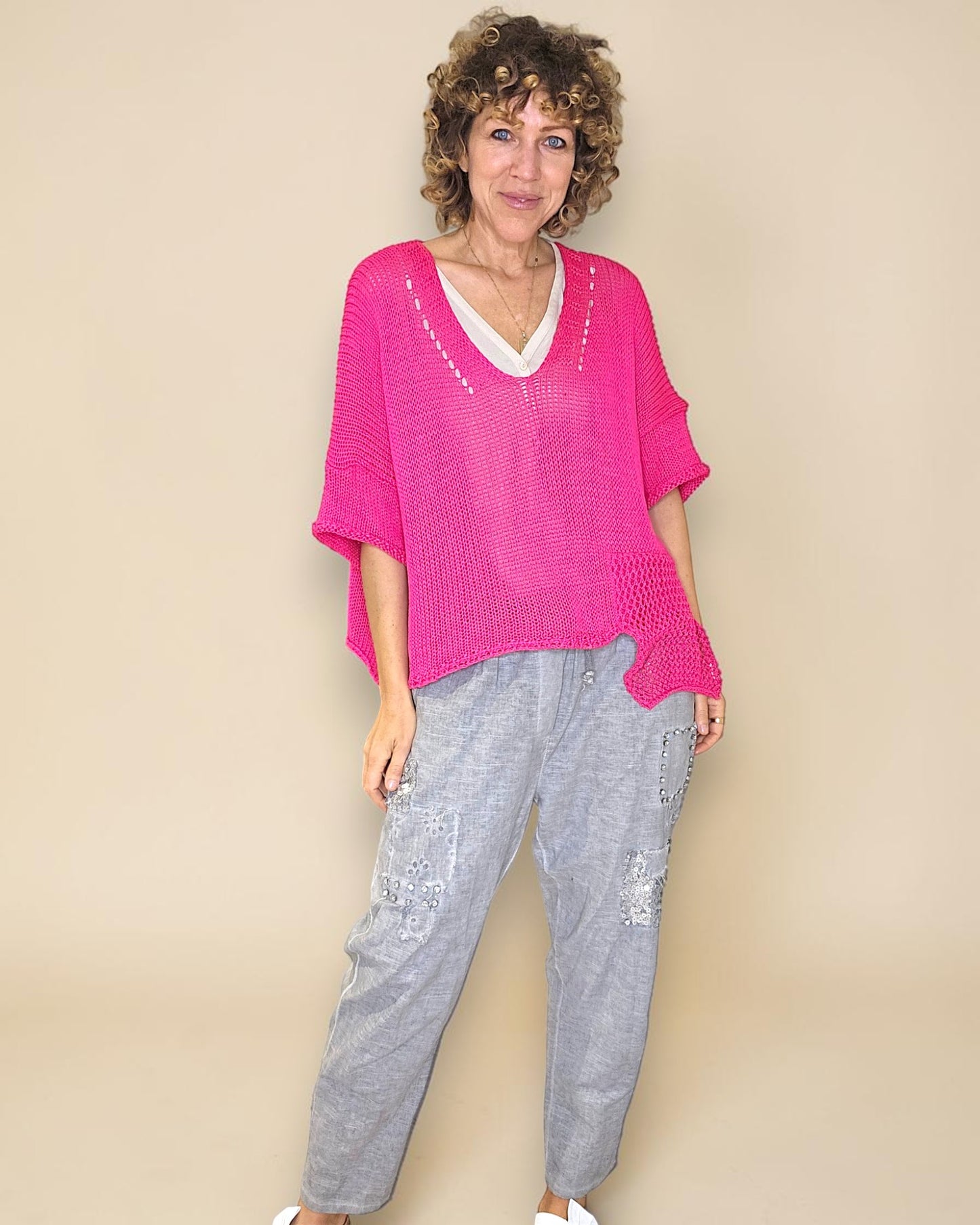 Fluoro Pink Pure Cotton Crochet V-Neck Knit