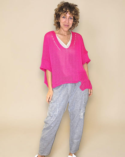 Fluoro Pink Pure Cotton Crochet V-Neck Knit