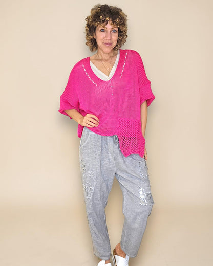 Fluoro Pink Pure Cotton Crochet V-Neck Knit