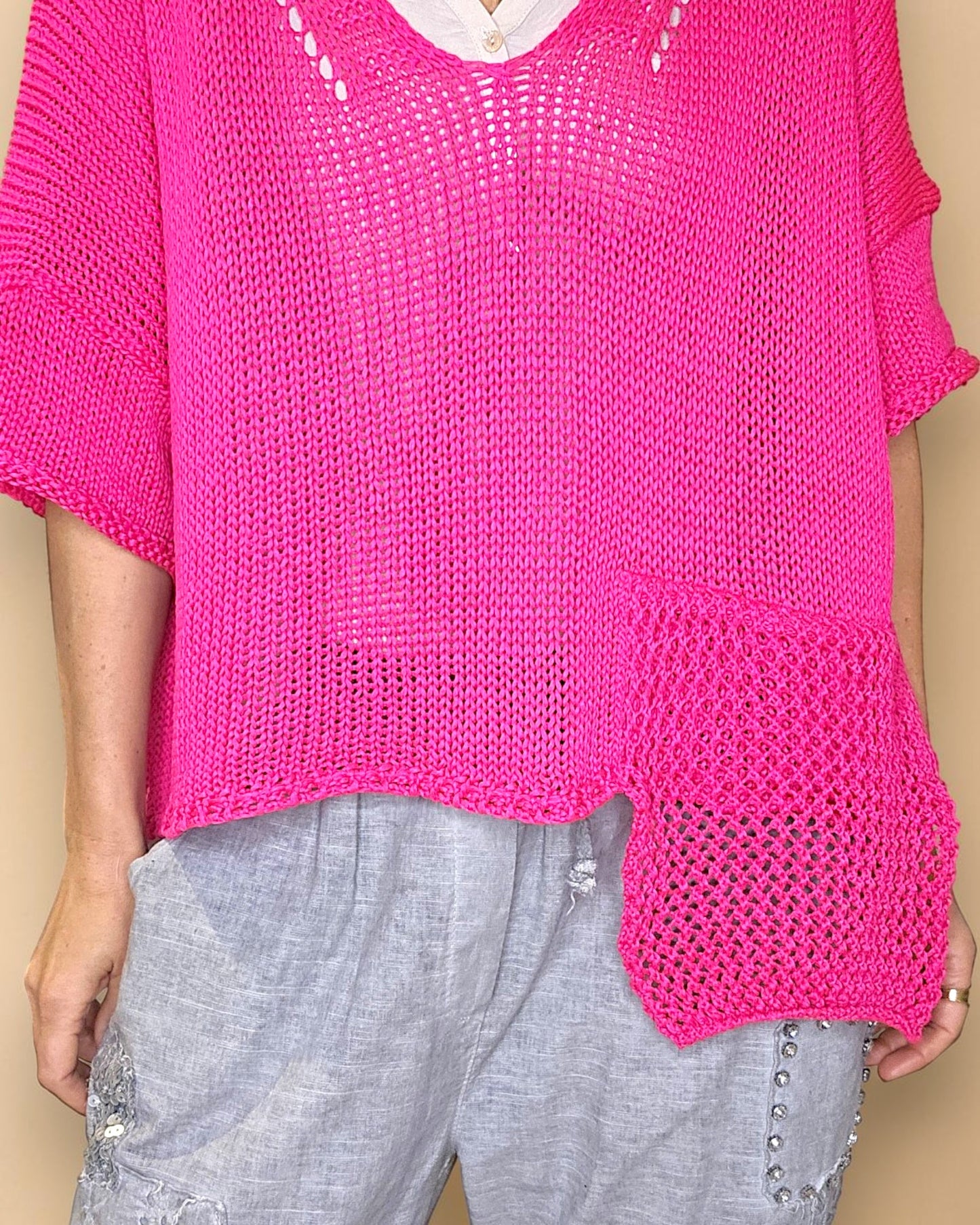 Fluoro Pink Pure Cotton Crochet V-Neck Knit