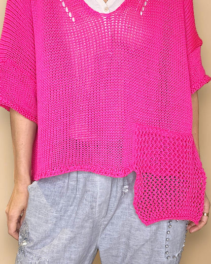 Fluoro Pink Pure Cotton Crochet V-Neck Knit