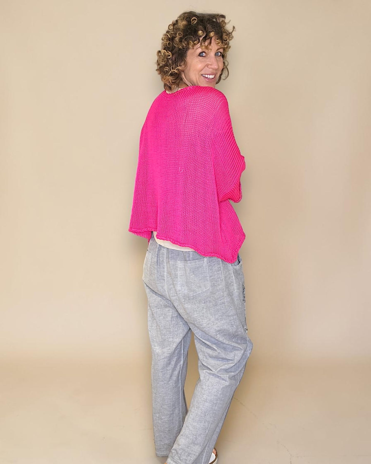 Fluoro Pink Pure Cotton Crochet V-Neck Knit
