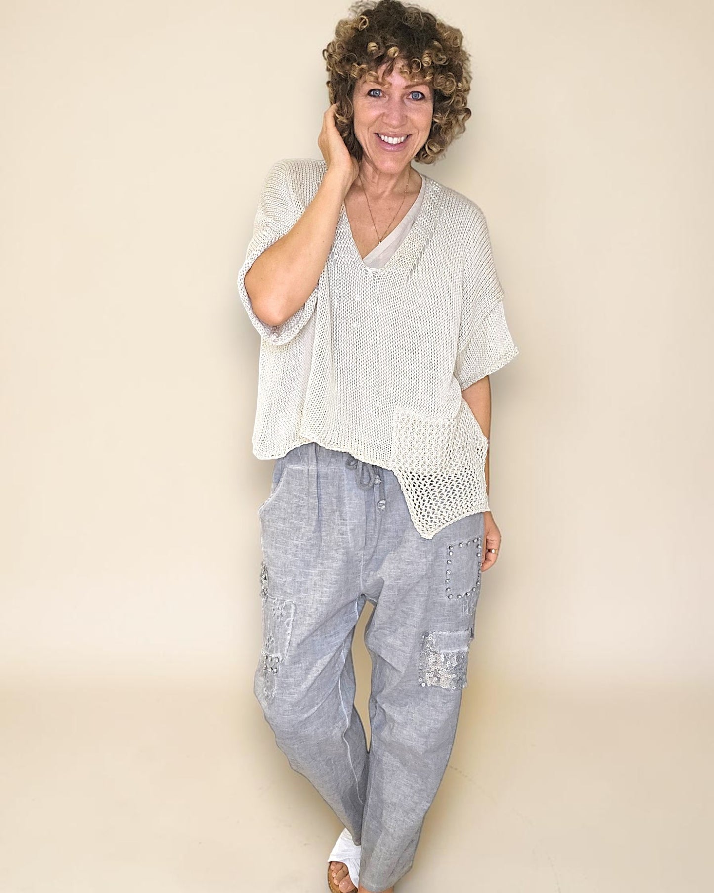Beige Pure Cotton Crochet V-Neck Knit