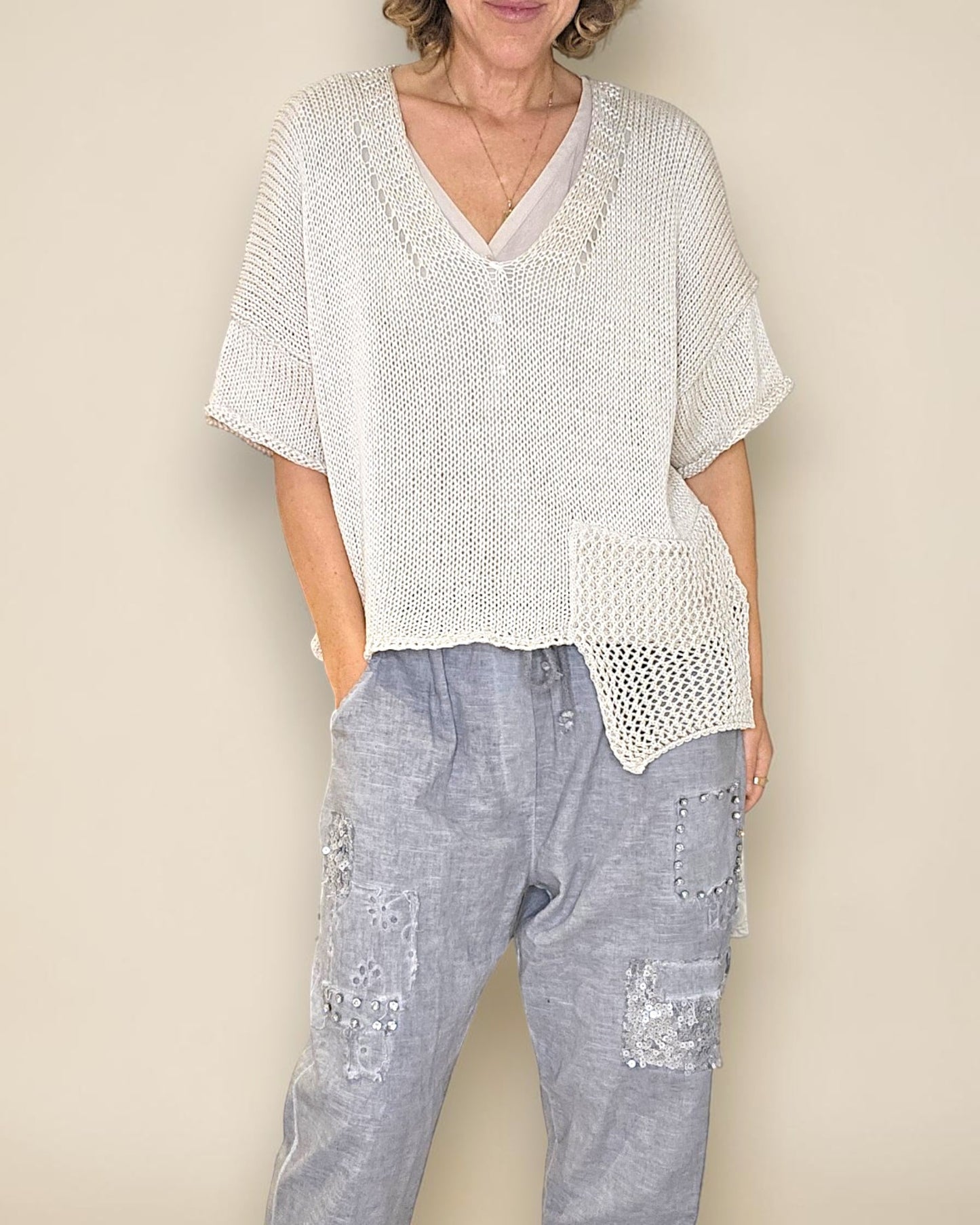 Beige Pure Cotton Crochet V-Neck Knit