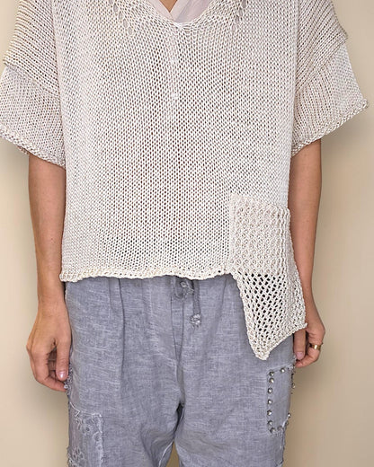 Beige Pure Cotton Crochet V-Neck Knit