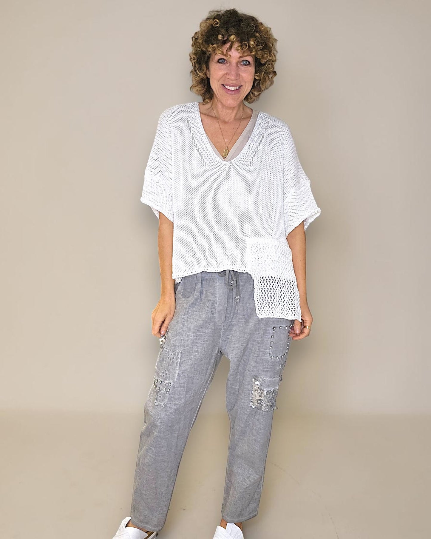 White Pure Cotton Crochet V-Neck Knit