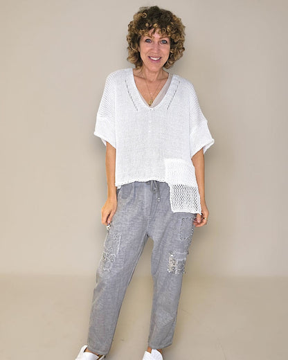 White Pure Cotton Crochet V-Neck Knit
