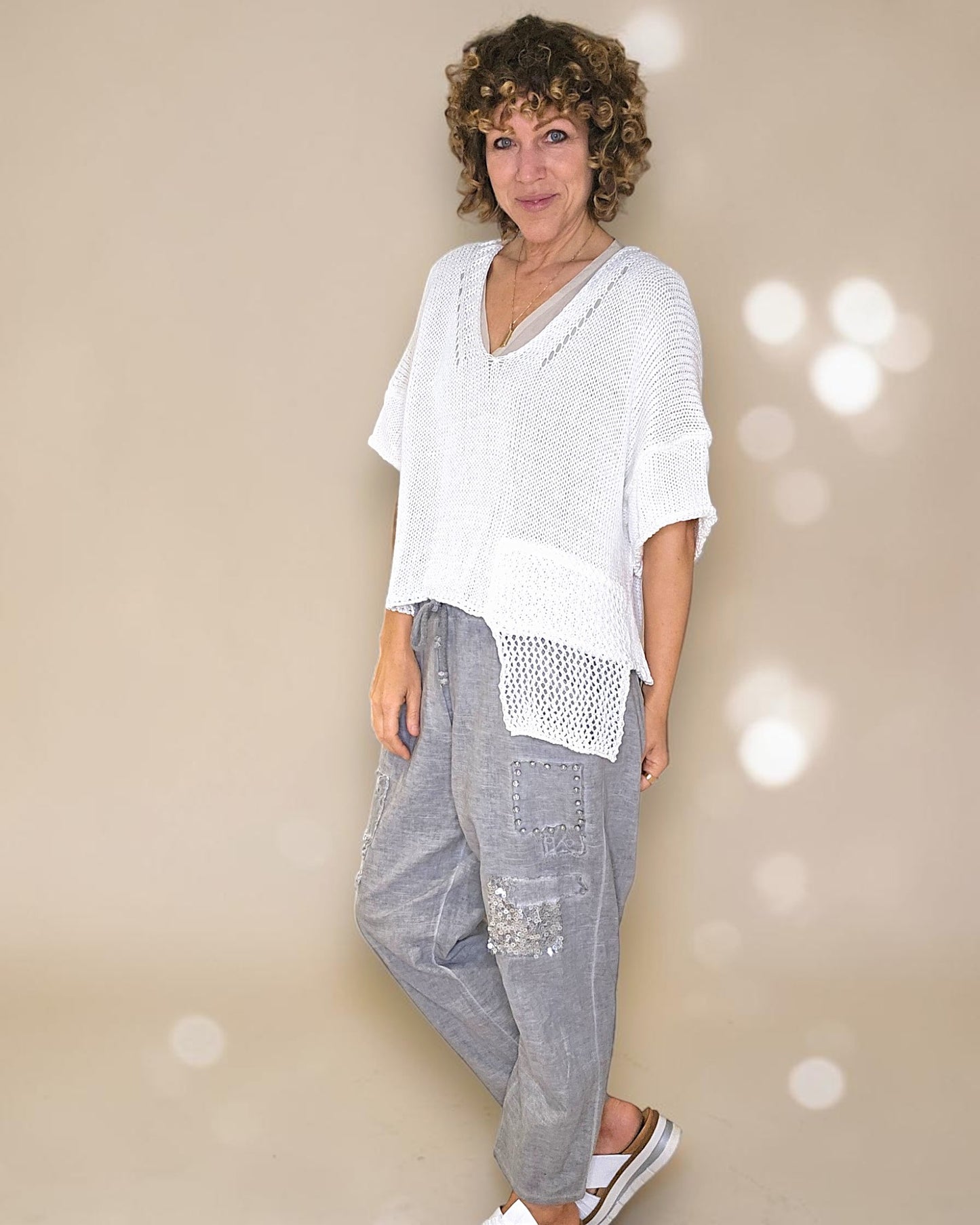 White Pure Cotton Crochet V-Neck Knit