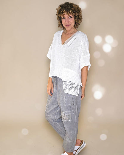 White Pure Cotton Crochet V-Neck Knit