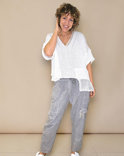 White Pure Cotton Crochet V-Neck Knit
