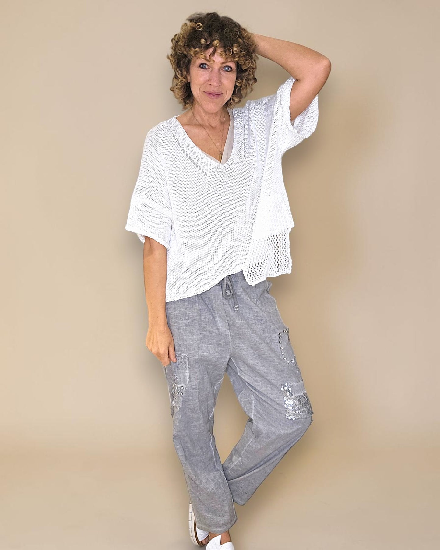 White Pure Cotton Crochet V-Neck Knit