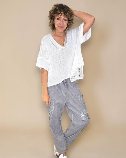 White Pure Cotton Crochet V-Neck Knit