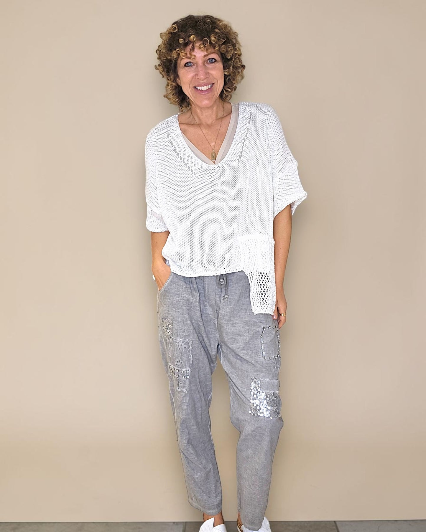White Pure Cotton Crochet V-Neck Knit