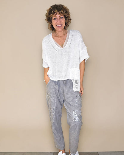 White Pure Cotton Crochet V-Neck Knit