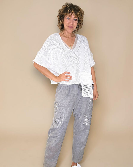 White Pure Cotton Crochet V-Neck Knit