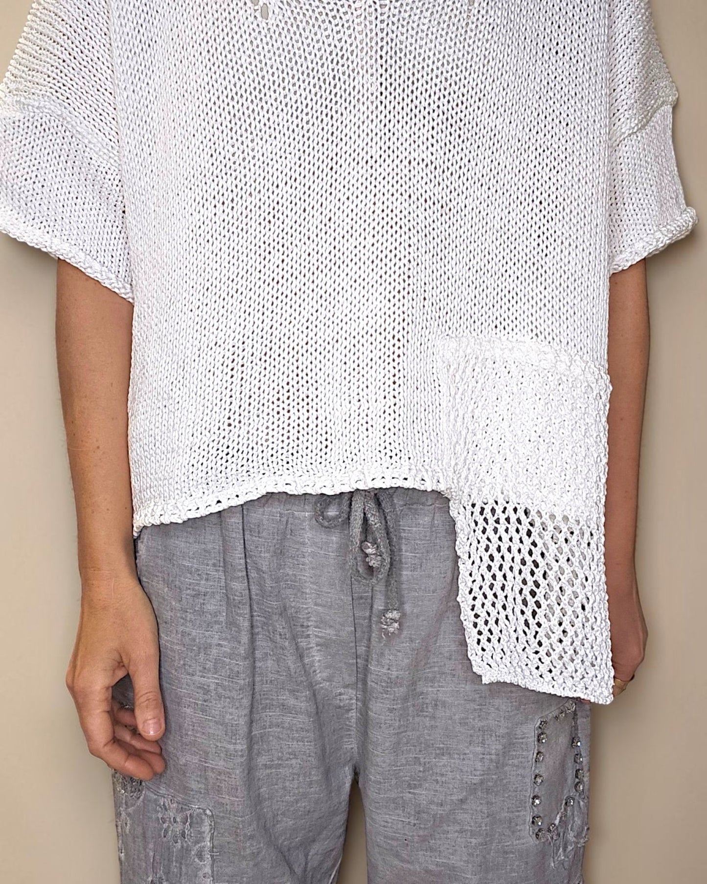 White Pure Cotton Crochet V-Neck Knit