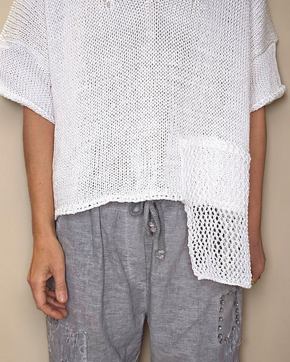 White Pure Cotton Crochet V-Neck Knit
