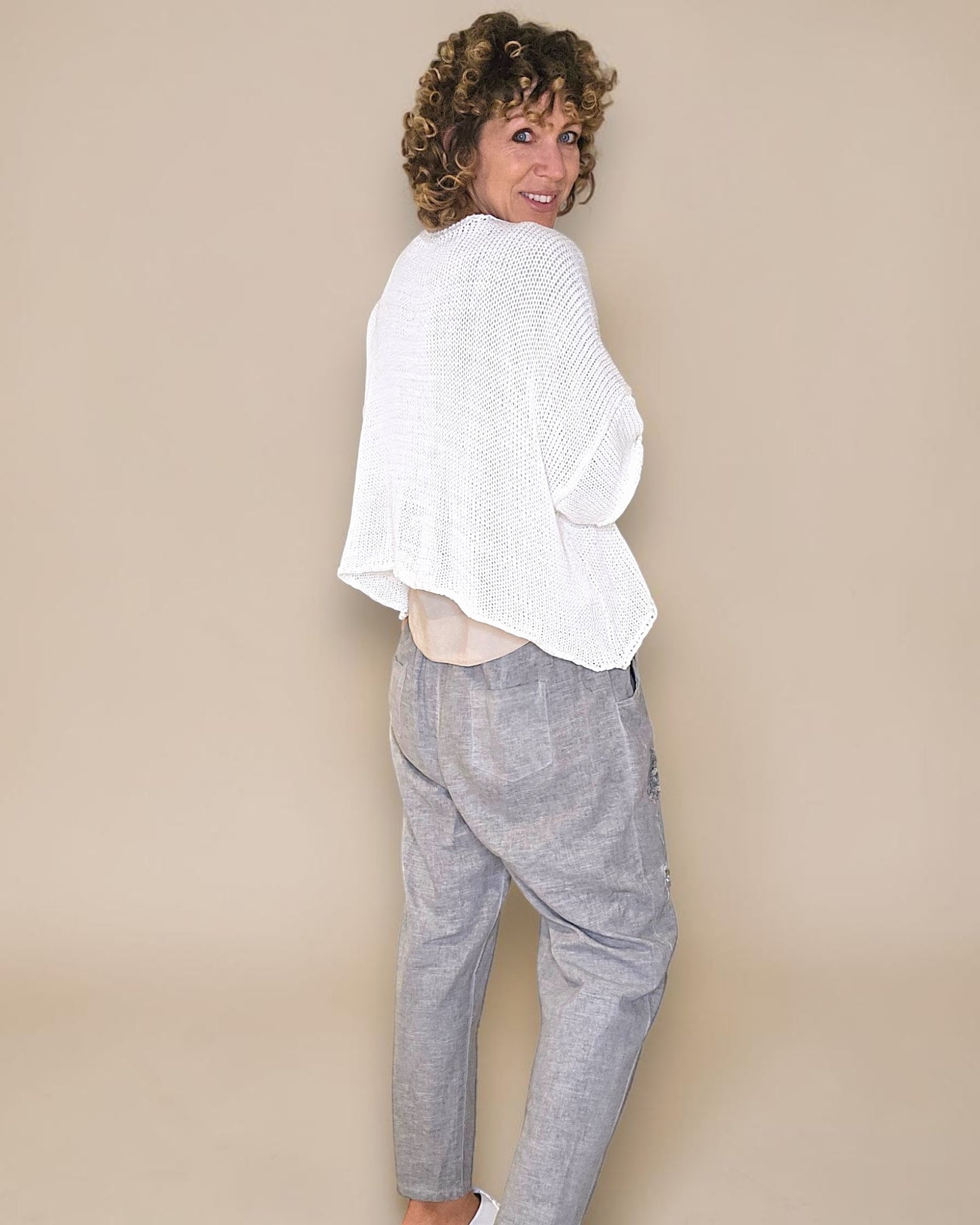 White Pure Cotton Crochet V-Neck Knit