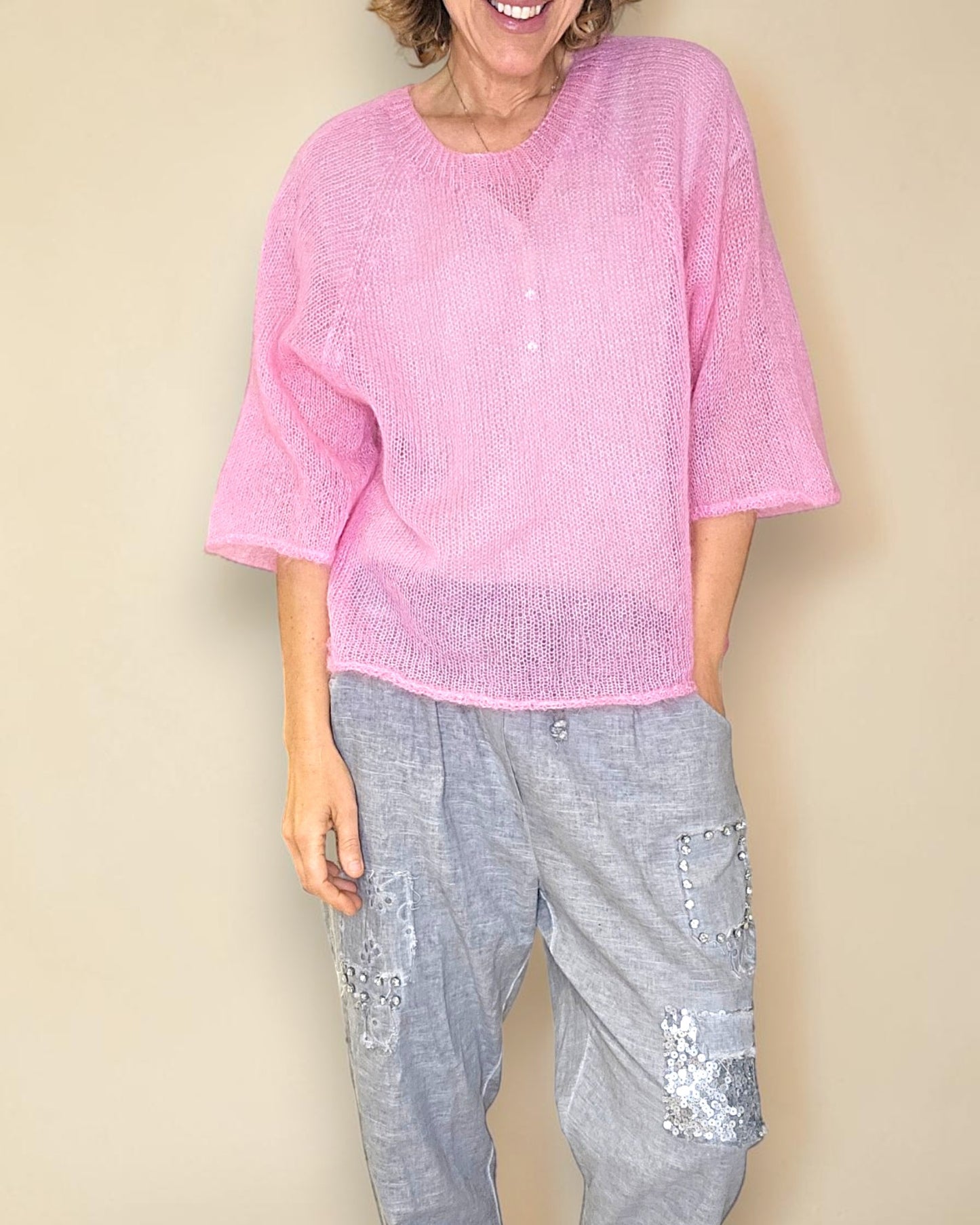 Warm Bubbelgum See Through 75% Mohair Blend Top