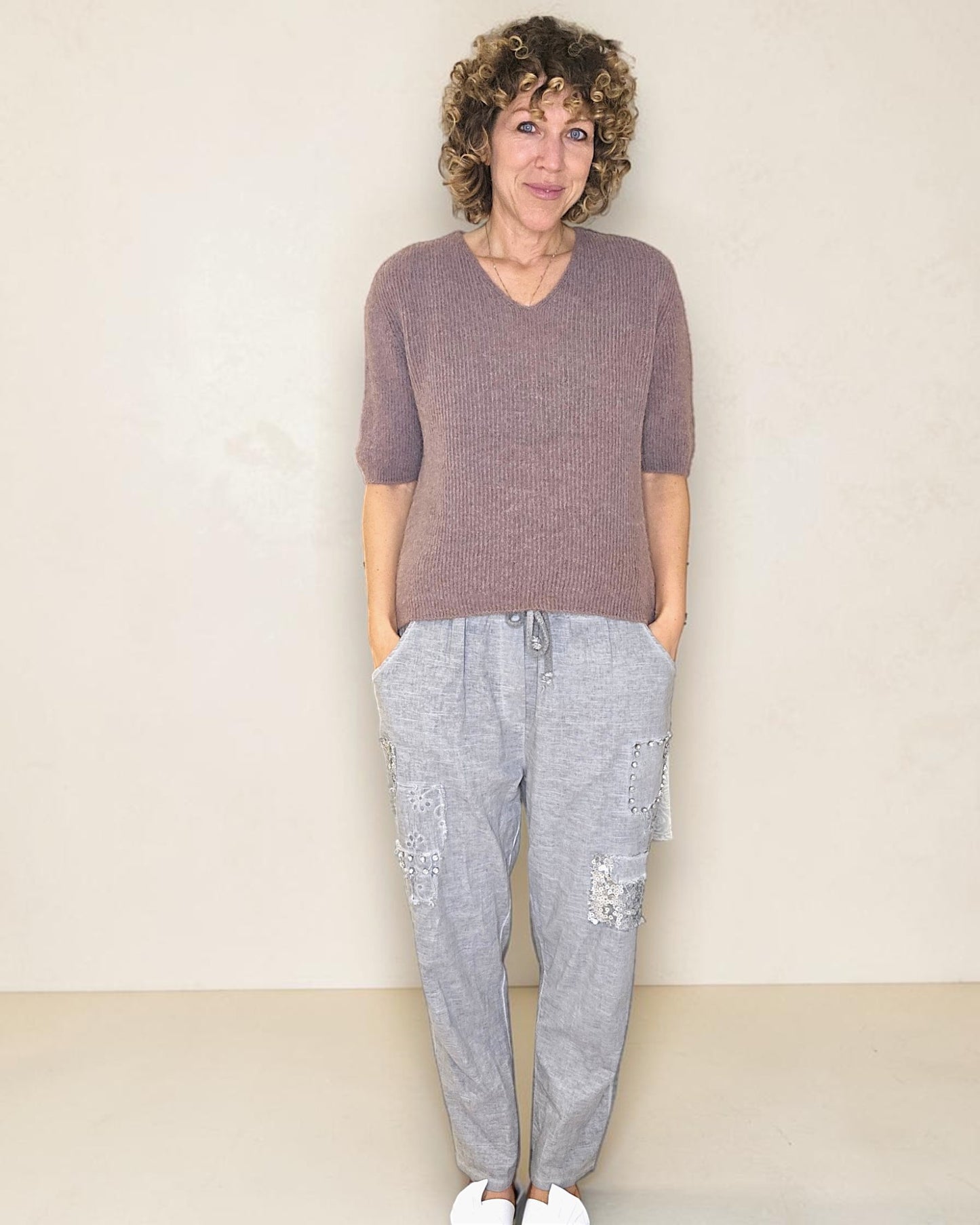 Lght Coffee Short Sl. Rib V-Neck Best Basics B. Alpaca Blend Sweater