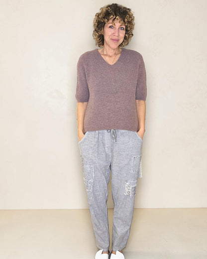 Lght Coffee Short Sl. Rib V-Neck Best Basics B. Alpaca Blend Sweater