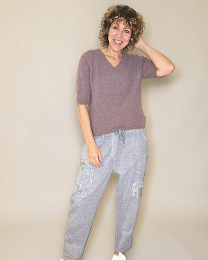 Lght Coffee Short Sl. Rib V-Neck Best Basics B. Alpaca Blend Sweater