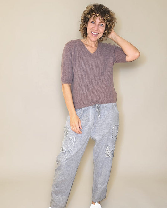 Lght Coffee Short Sl. Rib V-Neck Best Basics B. Alpaca Blend Sweater