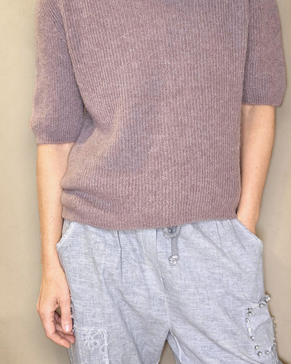 Lght Coffee Short Sl. Rib V-Neck Best Basics B. Alpaca Blend Sweater