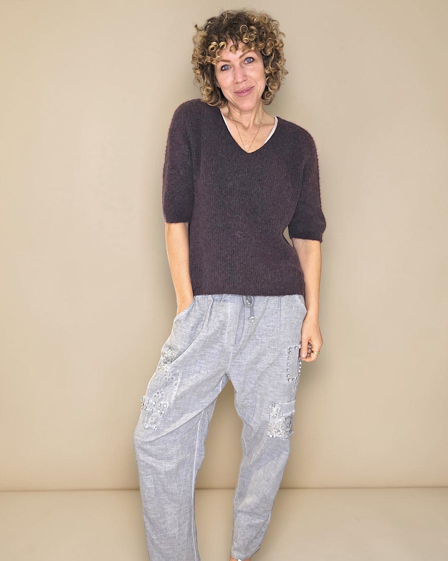 Drk Coffee Short Sl. Rib V-Neck Best Basics B. Alpaca Blend Sweater