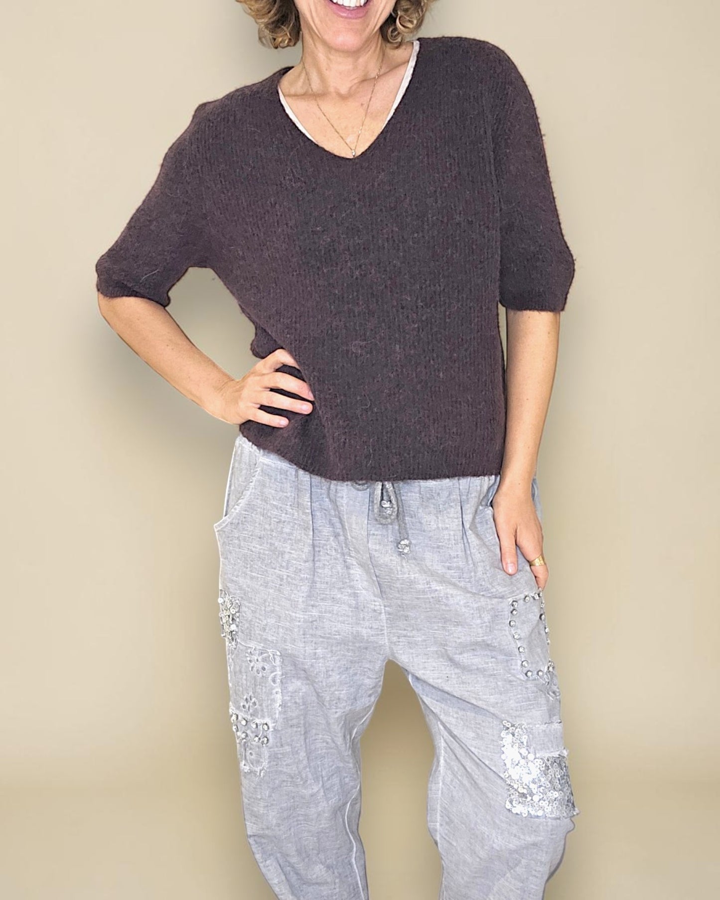 Drk Coffee Short Sl. Rib V-Neck Best Basics B. Alpaca Blend Sweater
