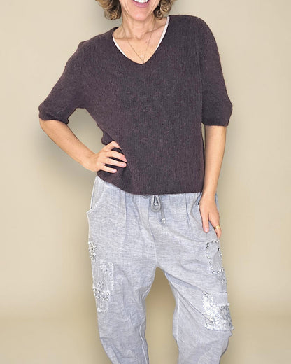 Drk Coffee Short Sl. Rib V-Neck Best Basics B. Alpaca Blend Sweater