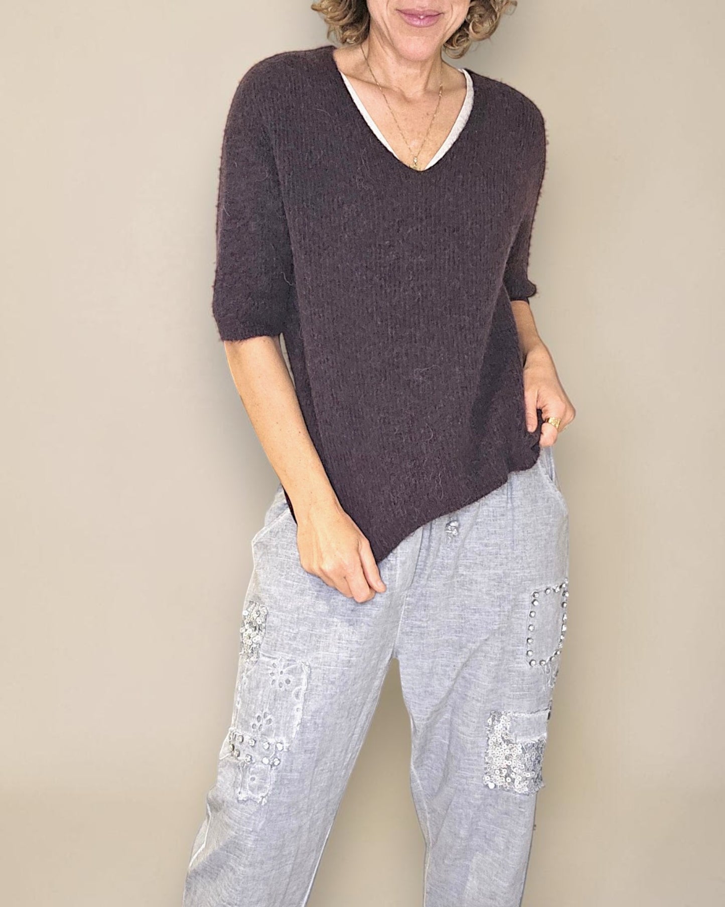 Drk Coffee Short Sl. Rib V-Neck Best Basics B. Alpaca Blend Sweater