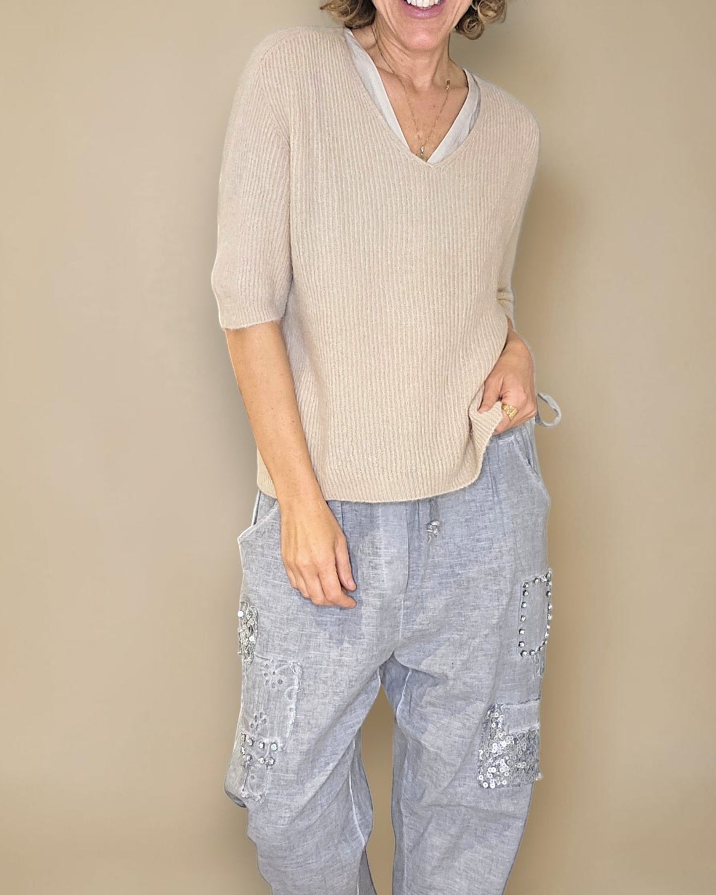 Beige Short Sl. Rib V-Neck Best Basics B. Alpaca Blend Sweater