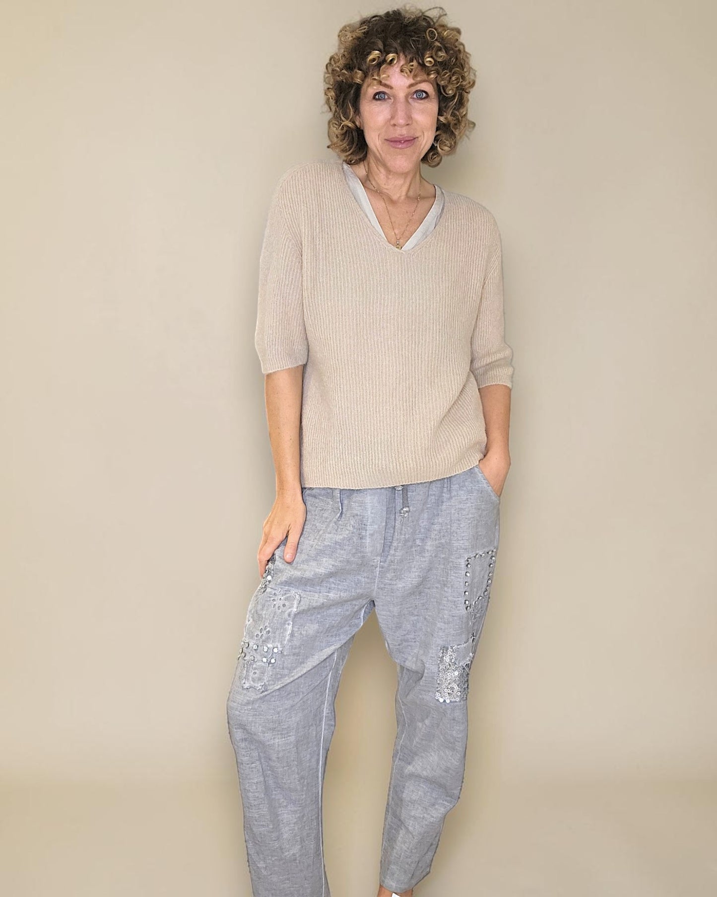 Beige Short Sl. Rib V-Neck Best Basics B. Alpaca Blend Sweater
