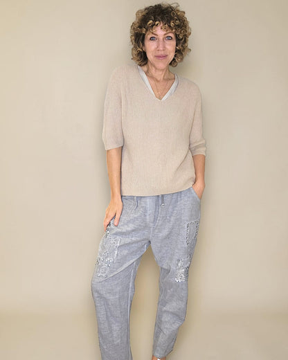 Beige Short Sl. Rib V-Neck Best Basics B. Alpaca Blend Sweater