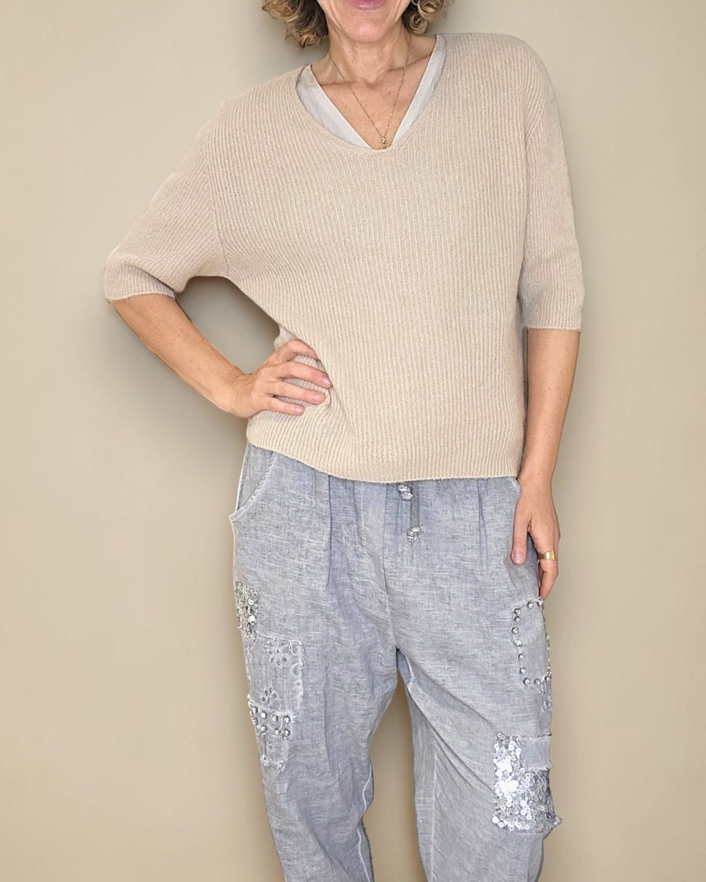 Beige Short Sl. Rib V-Neck Best Basics B. Alpaca Blend Sweater