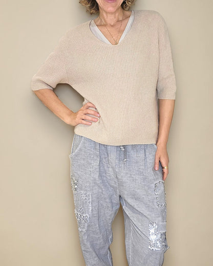 Beige Short Sl. Rib V-Neck Best Basics B. Alpaca Blend Sweater