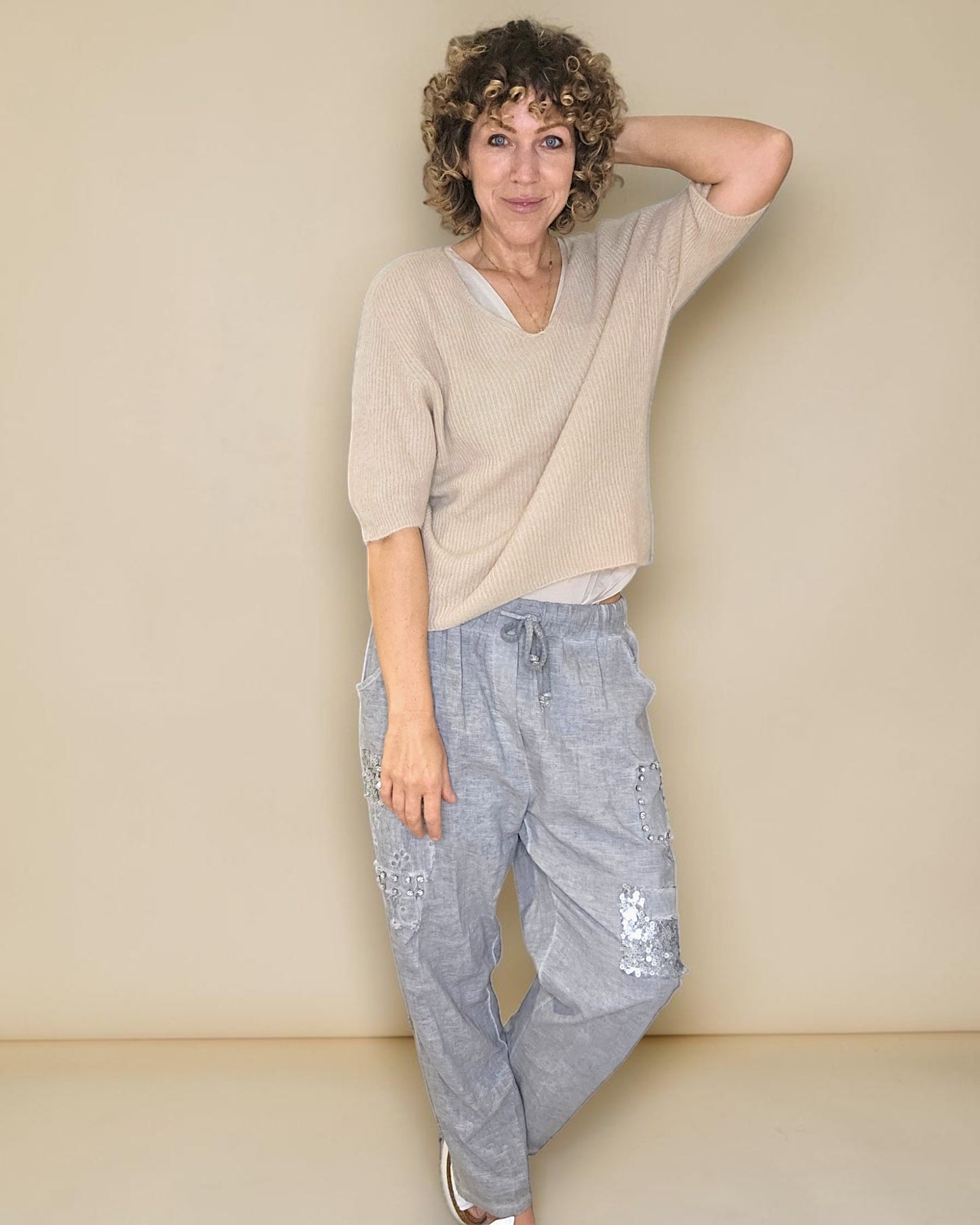 Beige Short Sl. Rib V-Neck Best Basics B. Alpaca Blend Sweater
