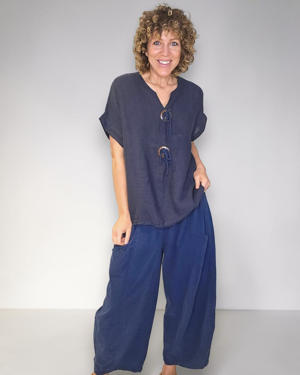 Navy Deux Button Top