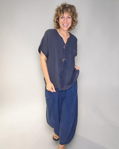 Navy Deux Button Top