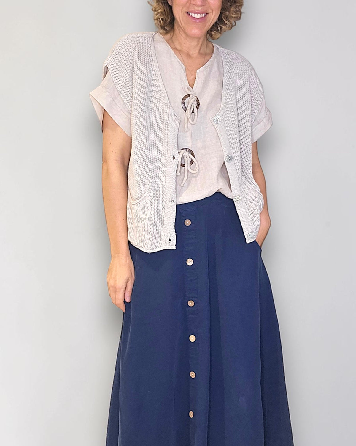 Navy Midi  Corduroy Button Skirt