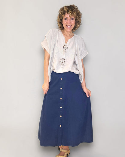 Navy Midi  Corduroy Button Skirt